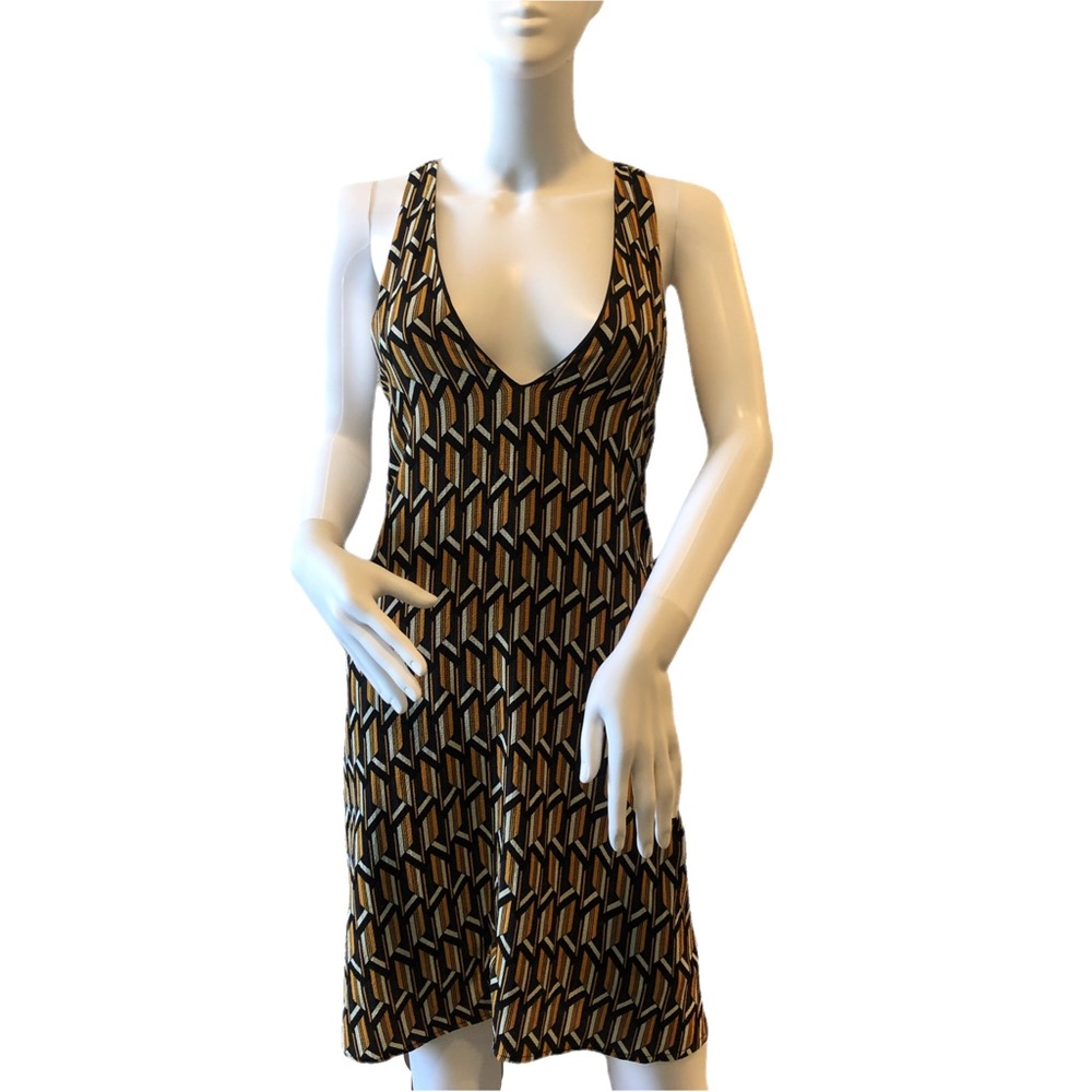 ANTHROPOLOGIE BISHOP + YOUNG Dress Large Orange Black Open Back V-Neck Mini‎